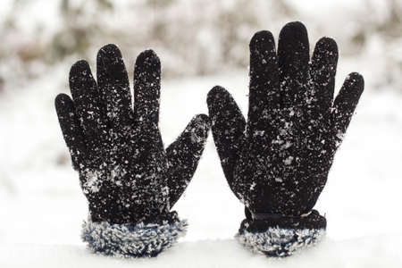 Women's gloves in snowy weather close up.の写真素材