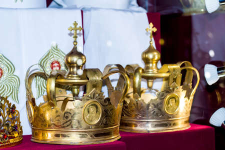 Gold and jewell-studded Kings crown close-up in the galleryの写真素材