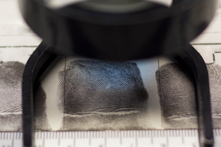 Lens, fingerprints and forensic ruler on fingerprint cardの写真素材