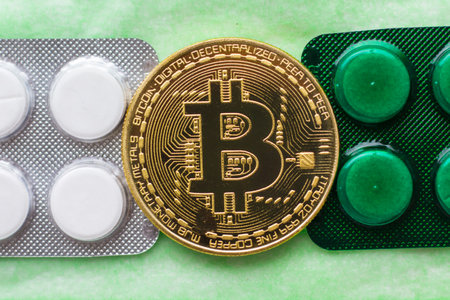 Bitcoin coin with pills is located on the dollar billの写真素材