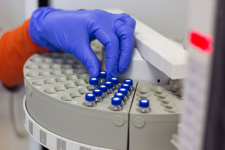 A hand in a rubber glove holding a vial close-up
