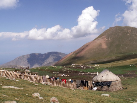 kyrgyz nomads tent on the mountain slope in Tien-Shan