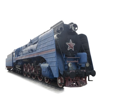 The blue express steam locomotive which is accelerating momentum 125 km hour-is isolated on the whiteの写真素材
