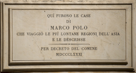 The memorial plaque on the house where he lived Marco Poloのeditorial素材