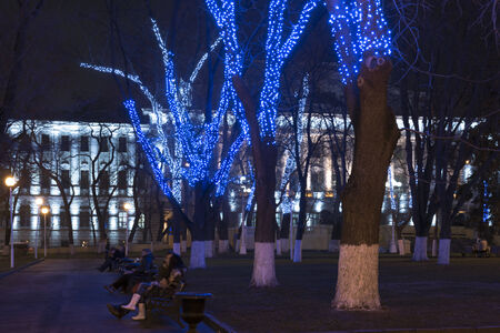 Russia, Rostov-on-Don, December 20, 2014:  Loving couple sitting in the park New Yearのeditorial素材