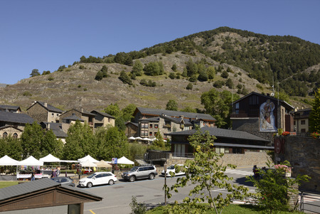 ANDORRA-SEPTEMBER 11- Road through Andorra.Tourists make purchases on the market on September 11,2014 in  Andorraのeditorial素材