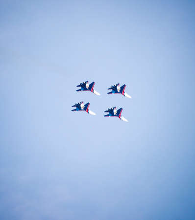 Rostov-on-Don, Russia- March 21, 2015:  Aerobatic team "Russian Knights" on the Su-27 at the event for the 70th anniversary of Victory in Great Patriotic Warのeditorial素材