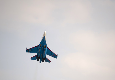 Rostov-on-Don, Russia- March 21, 2015:  Aerobatic team Russian Knights on the Su-27 at the event for...