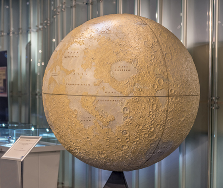 MOSCOW; RUSSIA- OCTOBER 06- Lunar Globe. Based on images taken by automated Luna and Zond probes (1970) in Space Museum on October 06; 2015 in Moscowのeditorial素材