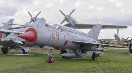 MONINO, MOSCOW REGION, RUSSIA- OCTOBER 8- MiG-21 PFS-Front-line jet fighter(1957).Max.speed,km/h-2175.Not surpassed by any aircraft in 1960-70 air combats on October 8; 2015 in Central Museum of the Russian Air Force, Moninoのeditorial素材