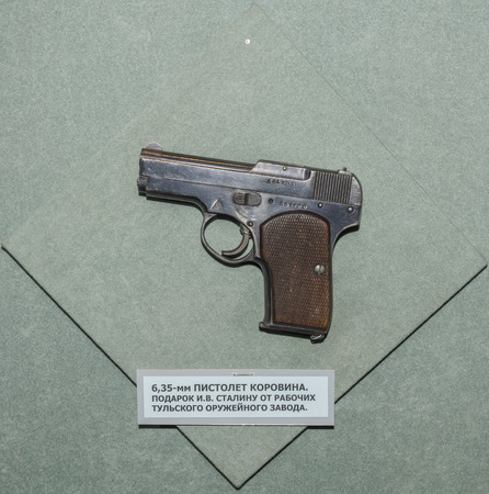 MOSCOW, RUSSIA- DECEMBER 16- 6.35-mm pistol Korovin. Gift to Joseph Stalin from the workers of the Tula arms factory at the Central Museum of the armed forces  on December 16; 2015 in Moscowのeditorial素材