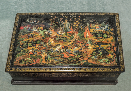 MOSCOW, RUSSIA- DECEMBER 16-  Bag "For the motherland, for Stalin".Paleh. Artist D.Butorin at the Central Museum of the armed forces  on December 16; 2015 in Moscowのeditorial素材