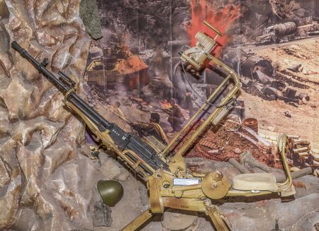 MOSCOW, RUSSIA- DECEMBER 16- 12,7- mm heavy machine gun NSV (Nikitin, Sokolov, Volkov), Utes at the...