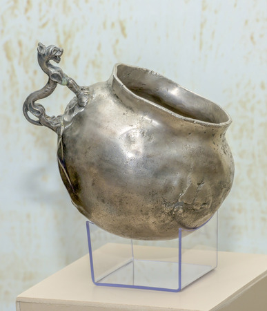 AZOV, RUSSIA- SEPTEMBER 20- Cult utensils. Cup with zoomorphic handle. 1st century AD, Silver  in the museum - reserve on September 20;2015 in Azovのeditorial素材