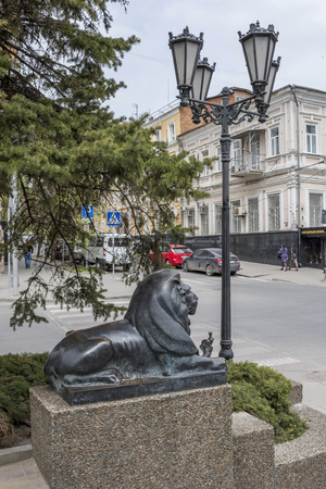 ROSTOV-ON-DON, RUSSIA- APRIL 11-  Lion guarding the "Goldfish (based on the story of Alexander Pushkin)". Sculptor D.Lyndin on April 11; 2016 in Rostov-on-Donのeditorial素材