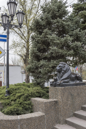 ROSTOV-ON-DON, RUSSIA- APRIL 11- Lion guarding the "Golden Cockerel (based on the story of Alexander Pushkin)". Sculptor D.Lyndin on April 11; 2016 in Rostov-on-Donのeditorial素材