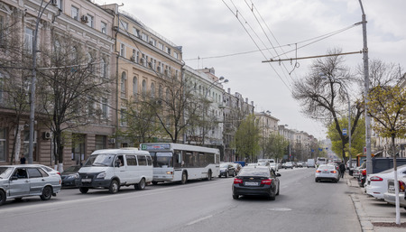 ROSTOV-ON-DON, RUSSIA- APRIL 11- Along the street Bolshaya Sadovaya moving cars and pedestrians on April 11; 2016 in Rostov-on-Donのeditorial素材