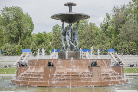 ROSTOV-ON-DON, RUSSIA- MAY 11- Theater Square with a fountain in the center.Sculptor E.Vucetich on May 11,2015 in Rostov-on-Donのeditorial素材
