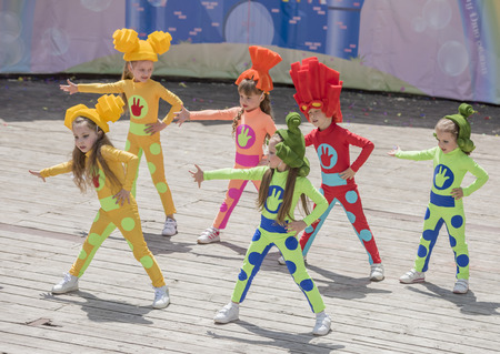 Rostov-on-Don, Russia- May 22,2016: Performance talented children dance ensemble on the stage of the V. Cherevichkin Parkのeditorial素材