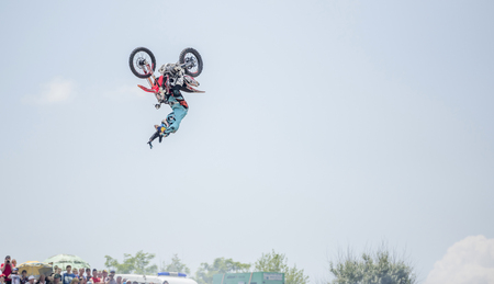 Rostov-on-Don, Russia- June 05,2016: Motofreestyle - jumps with incredible acrobatic elements that...