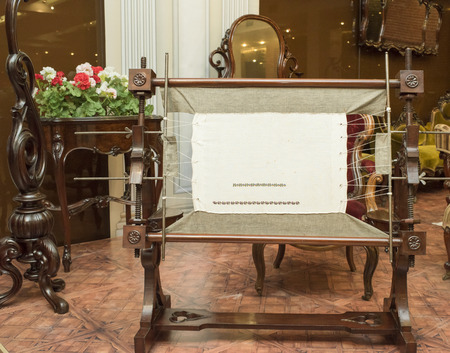 Moscow, Russia -September 09,2016: Embroidery hoop- workshop G. Gambs. Early 19th century. Historical Museumのeditorial素材