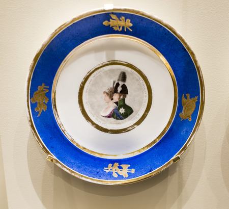 Moscow, Russia -September 08,2016: Series of plates with caricatures; allegorical and literary scenes era. Factory Sholshe.Museum of the Patriotic War of 1812のeditorial素材