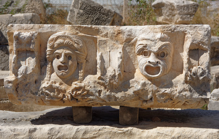 Demre;Turkey-September 08;2017:Theatrical masks Myra, Relief sculpture freeze from the Roman theatre, Anatoliaの写真素材