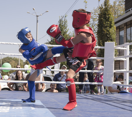Rostov-on-Don, Russia- September 16,2017: Young athletes demonstrate success in martial arts in front of the audience at the celebration of the day of the city of Rostov-on-Donのeditorial素材