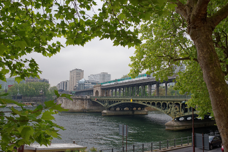 Paris; France-May 05; 2017: View of the Bir-Hakeim bridge. Pedestrians are moving along the bridgeのeditorial素材