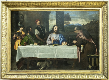  Paris; France- May 03; 2017: The pilgrims of Emmaus- Les Pelerins d'Emmaus.Tiziano Vecellio.Louvre のeditorial素材