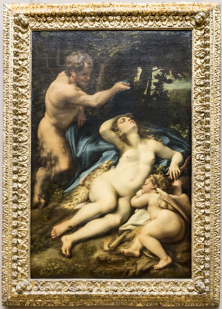  Paris; France- May 03; 2017: Vennus and Love discovered by a satyr, formerly known as Jupiter and Antiope. Antonio Allegri, known as Correge.Louvreのeditorial素材