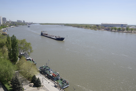 Rostov-on-Don,Russia - April 30,2018: View of the stadium,built for the World Cup 2018. On the Don river ships sailのeditorial素材