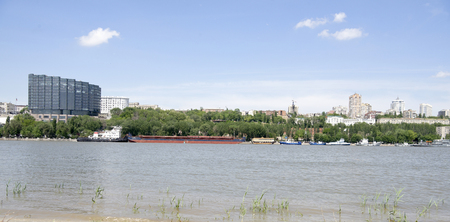   Rostov-on-Don,Russia - May 19,2018: View of the city from the left bank. On the Don River sailing shipのeditorial素材