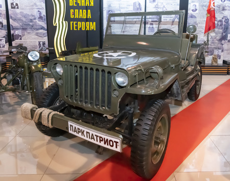 Kamensk-Shakhtinsky, Russia-August 17, 2019: Willys MB - The American army all-terrain vehicle of the 2nd World War. Series production 1941-1945- in the Museum of the Legend of the USSRのeditorial素材