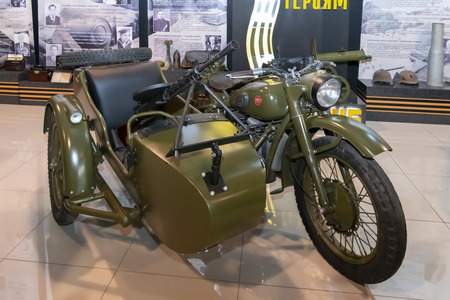 Kamensk-Shakhtinsky, Russia-August 17, 2019:  M-72 - Soviet heavy motorcycle. Produced in a large series from 1941 to 1960 - in the Museum of the Legend of the USSRのeditorial素材