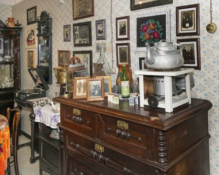 Kamensk-Shakhtinsky, Russia-August 17, 2019: Living room with decor in a Russian house of the mid-20th century- in the Museum of the Legend of the USSRのeditorial素材