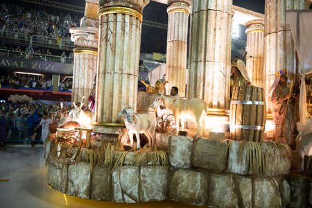 Rio de Janeiro, Brasil-  February 29, 2020: Samba Parade at the 2020 Carnival Champions Parade, Sambodromo. It's rainingのeditorial素材