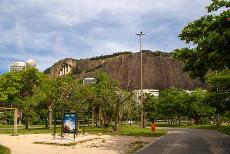Rio de Janeiro, Brasil-  February 27, 2020: Rodrigo de Freitas Lagoon. Cantagalo Park. Citizens walk...