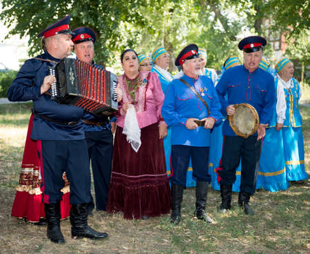 Starocherkasskaya,Rostov Region, Russia- July 26,2014:Cossack choir singing in the park of the village Starocherkasskayaのeditorial素材