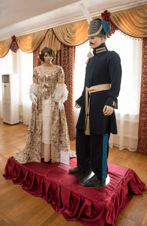 Starocherkasskaya,Rostov Region, Russia- July 26,2014: Form of the Ataman Cossack Regiment. Women's ball gown. 19 century.Palace of the Cossack Atamanのeditorial素材
