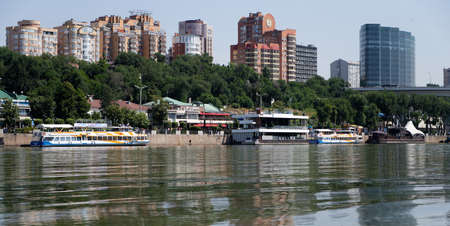 Rostov-on-Don, Russia - July 01, 2020 : Ships on the Don river, view from the left bankのeditorial素材