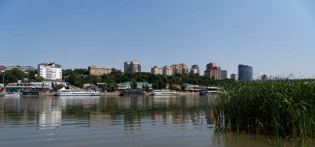 Rostov-on-Don, Russia - July 01, 2020 : Ships on the Don river, view from the left bankのeditorial素材