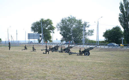 Rostov-on-Don, Russia - August 28, 2020: Gunners prepare for the opening of the Military-Historical Museum Complex Sambek Heightsのeditorial素材