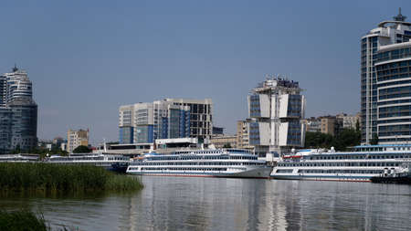 Rostov-on-Don, Russia - July 01, 2020: Cruise ships docked at the pier during the COVID-19 quarantineのeditorial素材