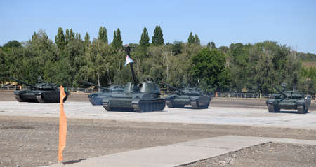 Rostov-on-Don, Russia - August 29, 2020: Military-Technical Forum South-Eastern District "Army-2020". Elegant show of the forum - the so-called "tank waltz"のeditorial素材