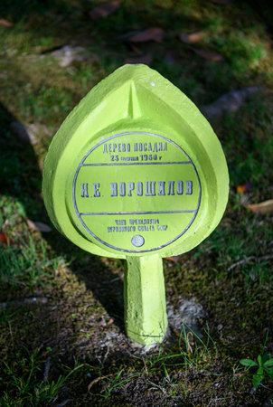 Sochi, Russia - December 31, 2020: Sign about planting a tree by KE Voroshilov in Riviera Parkのeditorial素材