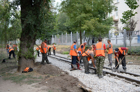 Rostov-on-Don, Russia - September 04, 2022 :Workers carry out a major overhaul of the children's railwayのeditorial素材