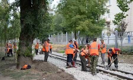 Rostov-on-Don, Russia - September 04, 2022 :Workers carry out a major overhaul of the children's railwayのeditorial素材