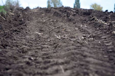 Tracks of heavy tractor on plowed fieldの写真素材