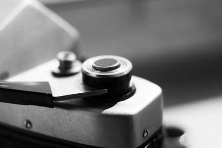 Old soviet camera close up. black and white photoの写真素材